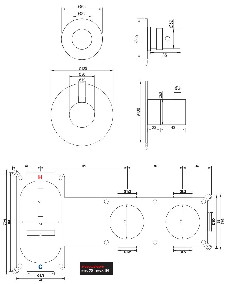 Brauer Brushed Edition inbouw badkraan met uitloop en 3 standen handdouche RVS geborsteld PVD