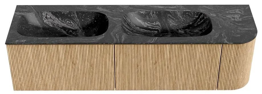 Mondiaz Kurve-dlux 165cm badmeubel ronding rechts oak met 2 lades en 1 deur en wastafel stor small dubbel/links 2 kraangaten lava