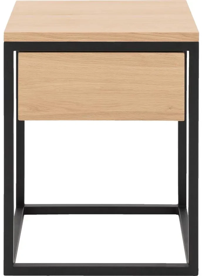 Goossens Nachtkastje Lord, Metaal ral 9005 zwart, met lade en bovenblad massief eik, 40 x 35 x 57 cm hoog