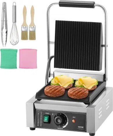 VEVOR Commerciële Panini Grill, 1800W Elektrische Sandwich Panini Maker, RVS Sandwich Pers Grill, Panini Grill met Temperatuurregeling en 23 x 23 cm Platte Emaille Plaat