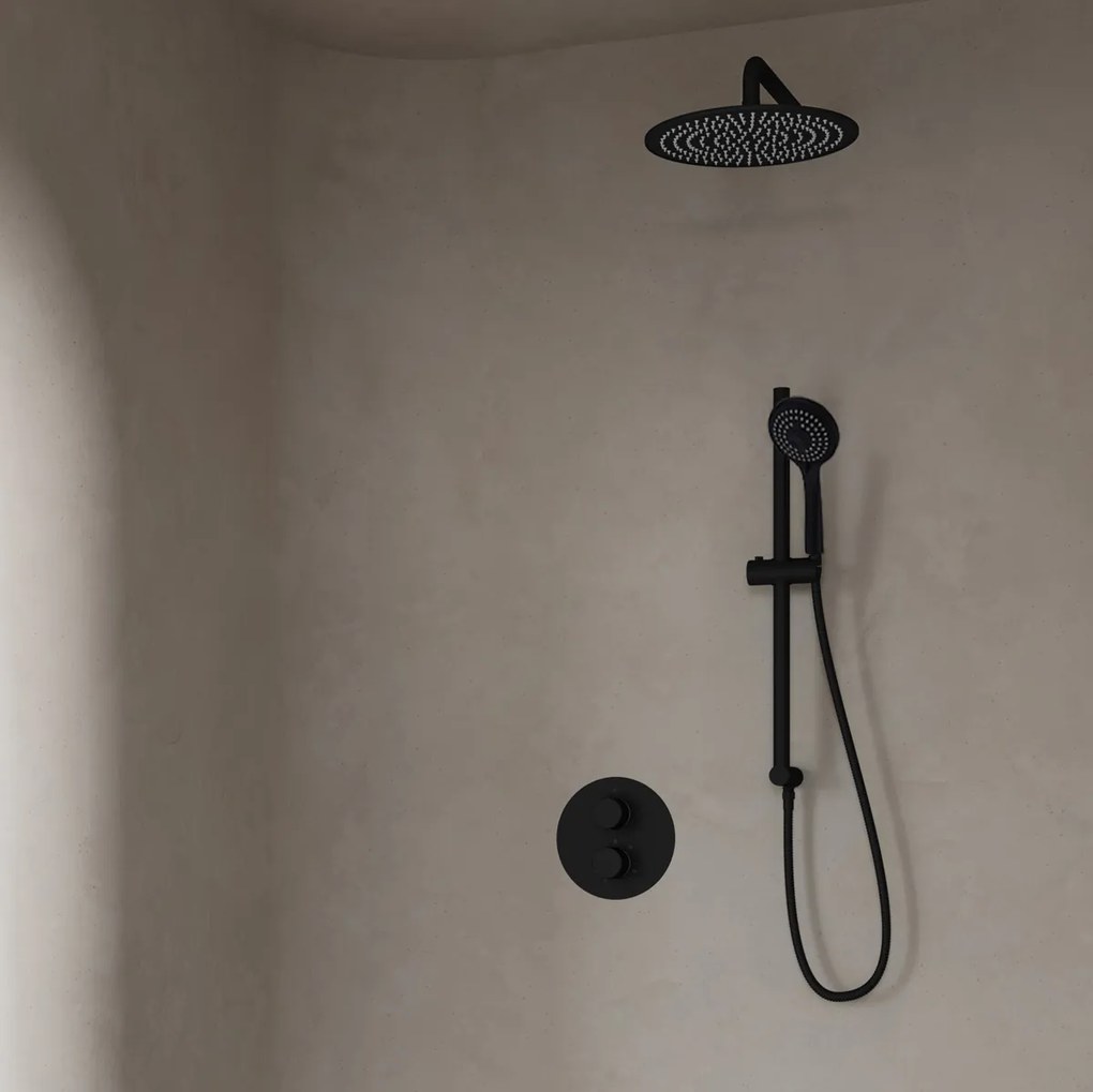 Saniclear Nero inbouwregendouche 20cm rond met wandarm, 3 standen handdouche en glijstang zwart mat