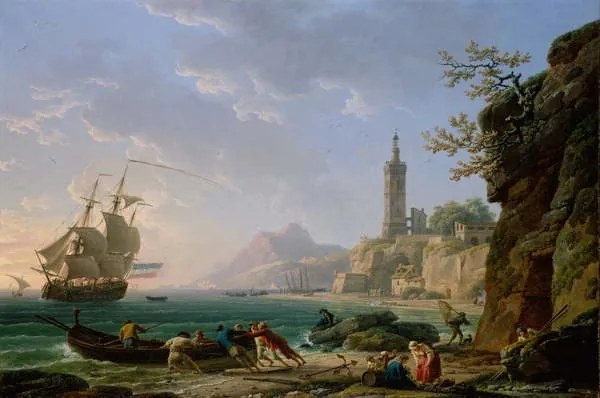 Kunstreproductie A Coastal Mediterranean Landscape with a Dutch Merchantman in a Bay, Claude Joseph Vernet