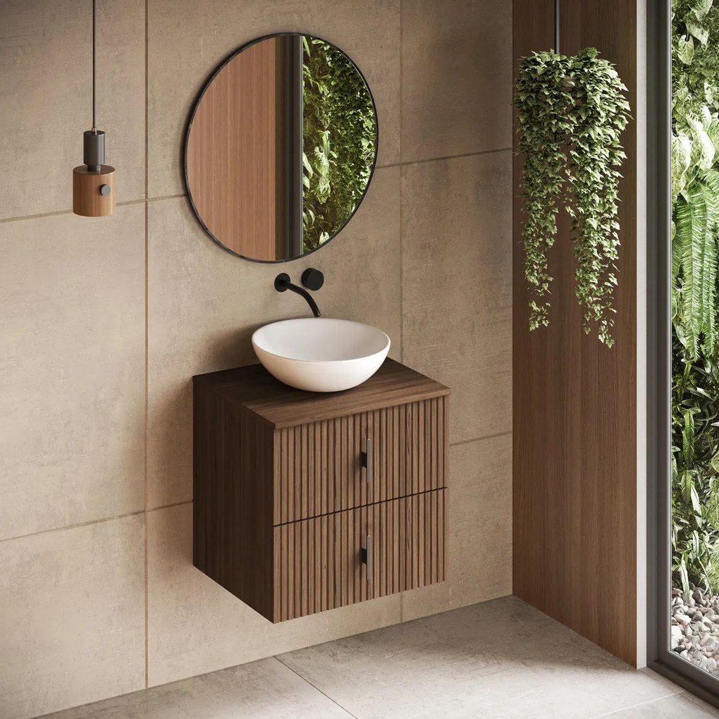 Muebles Mairi badmeubel ribbelfront 60cm walnoot met witte waskom