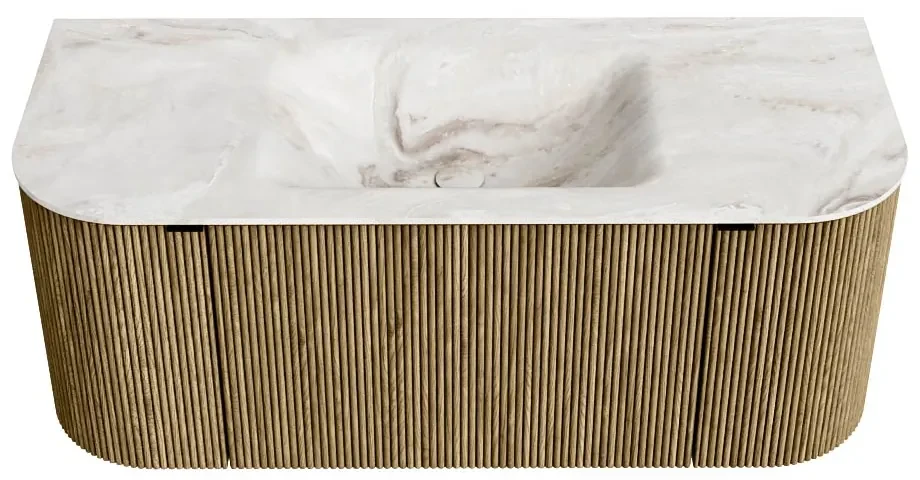 Mondiaz Kurve-dlux 110cm badmeubel ronding links/rechts dusk met 1 lade en 2 deuren en wastafel cloud midden 1 kraangat frappe