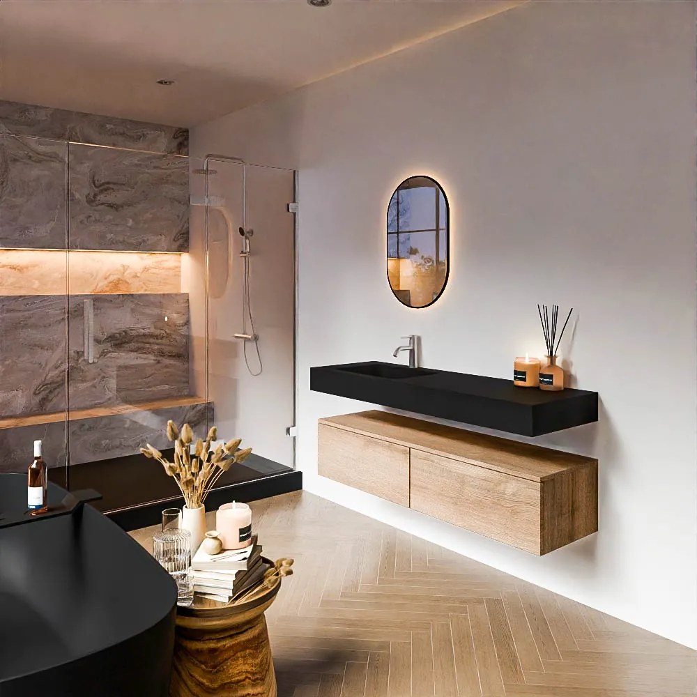 Zaro Alan badmeubel 140cm washed oak 2 lades met vrijhangende wastafel cloud links 1 kraangat urban