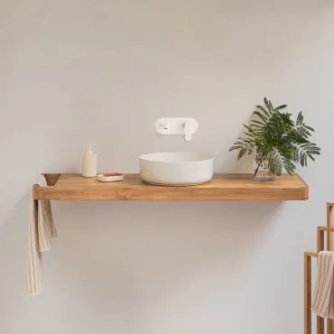 Conjunto Van Meubel 130x45 Cm Hangend In Teakhout Neill Teakhout & Rond Keramiek Wit Ø40 Cm Lenka & Spiegelloze & Wit Ingebed Met Aftapkraan - Sklum