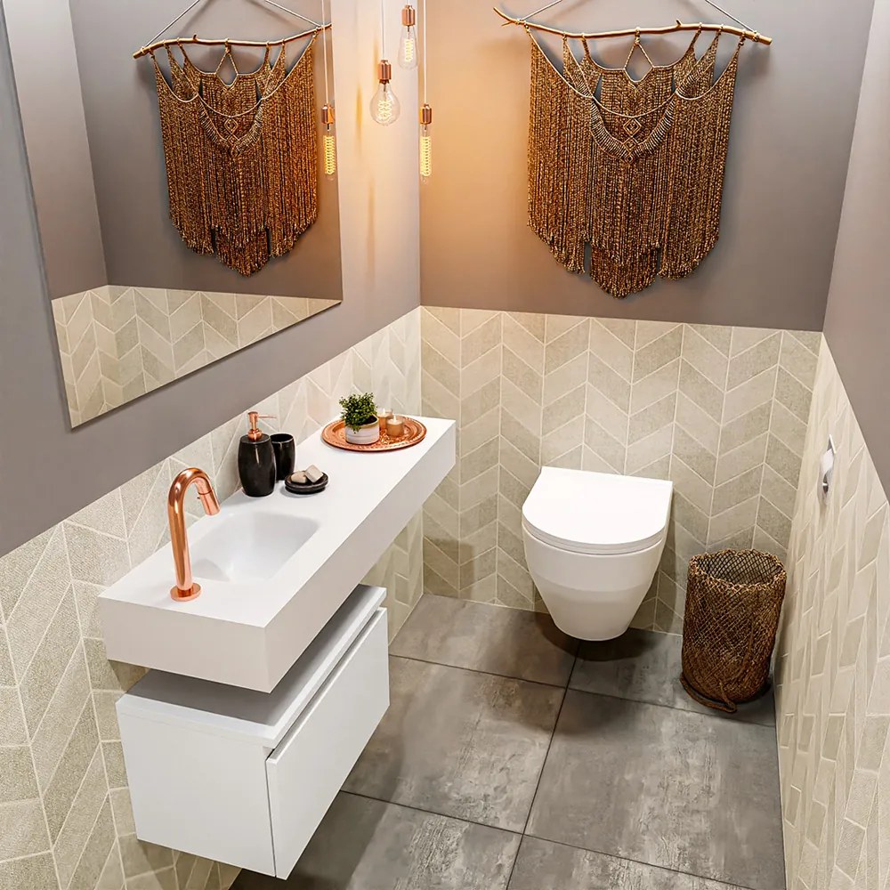 Mondiaz Andor toiletmeubel 50cm mat wit met witte wastafel 100cm links met kraangat