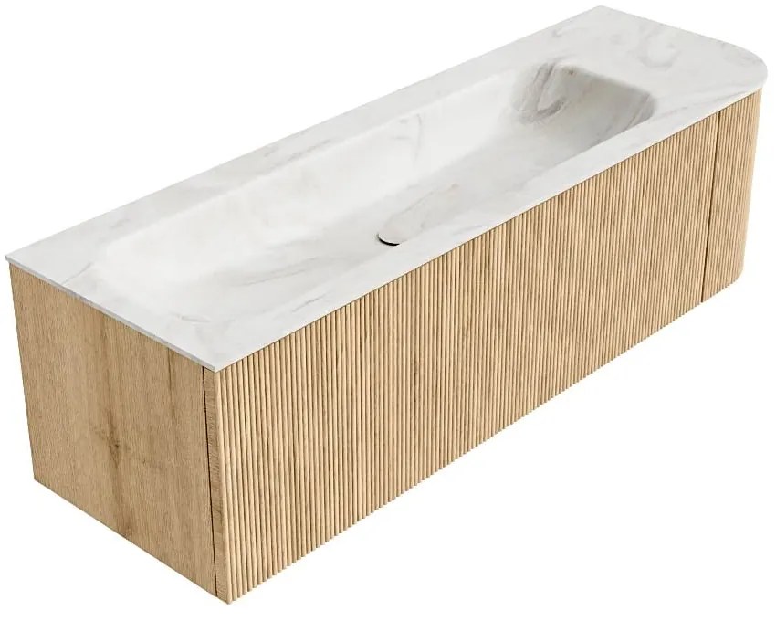 Mondiaz Kurve-dlux 145cm badmeubel ronding rechts oak met 1 lade en deur en wastafel big large kraangat links ostra
