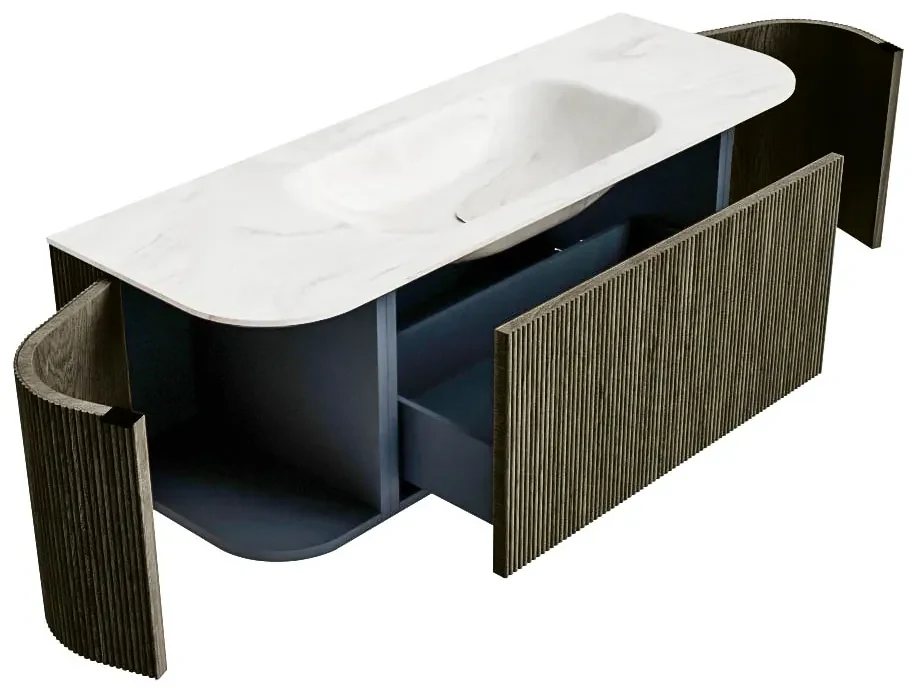 Mondiaz Kurve-dlux 130cm badmeubel ronding links/rechts shadow met 1 lade en 2 deuren en wastafel big small midden 1 kraangat ostra