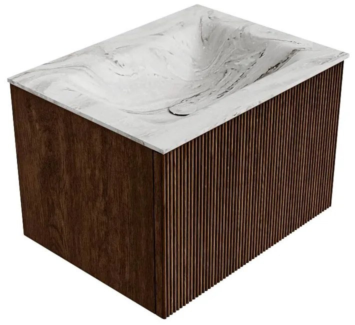 Mondiaz Kurve-dlux 60cm badmeubel walnut met 1 lade en wastafel cloud midden 1 kraangat glace