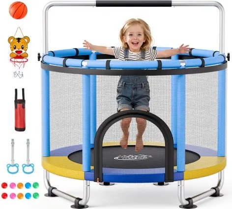 VEVOR Mini Trampoline voor Kinderen met Stuur, Veiligheidsnet, Blauw, 150 cm Buitentrampoline voor in de tuin met Basketbalring, Basketbal en Boksbal voor Kinderen, Kerst- of Verjaardagscadeau