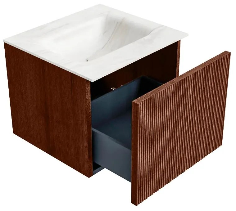 Mondiaz Kurve-dlux 50cm badmeubel ruby met 1 lade en wastafel grunne midden 1 kraangat ostra