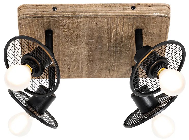 Industriële plafondspot zwart met hout 4-lichts - Jasmijn