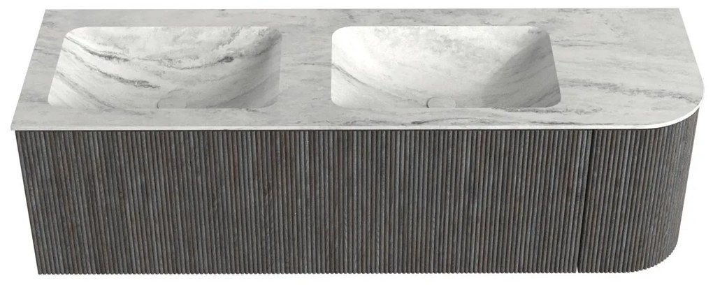 Mondiaz Kurve-dlux 145cm badmeubel ronding rechts shadow met 1 lade en deur en wastafel leaf dubbel/links zonder kraangat opalo
