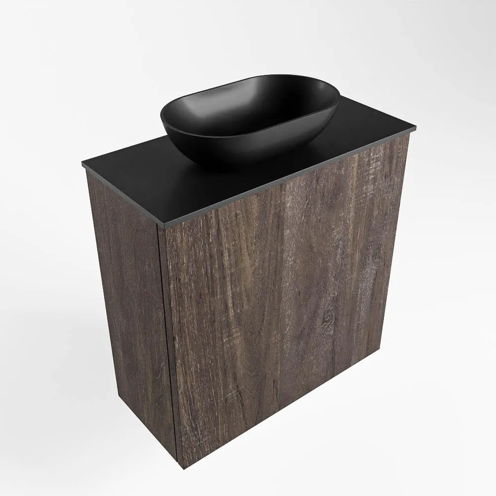 Mondiaz Fowy toiletmeubel 50cm dark brown met zwarte waskom links en kraangat