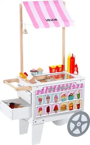 VEVOR ijscowagen voor kinderen, meer dan 20 accessoires, speelgoedkeuken voor in de ijssalon met ijshoorntje, luifel en vriezer, opberglades en flip-flip menu's, voor kinderen van 3 tot 7 jaar