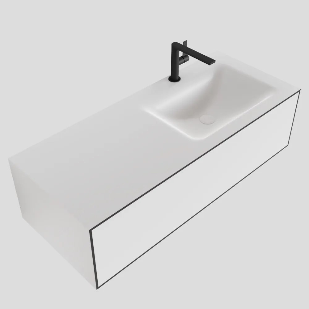 Zaro Lagom volledig naadloos solid surface onderkast 110cm mat zwart met 1 lade Push tot open. Compleet met solid surface wastafel met 1 kraangat(en)