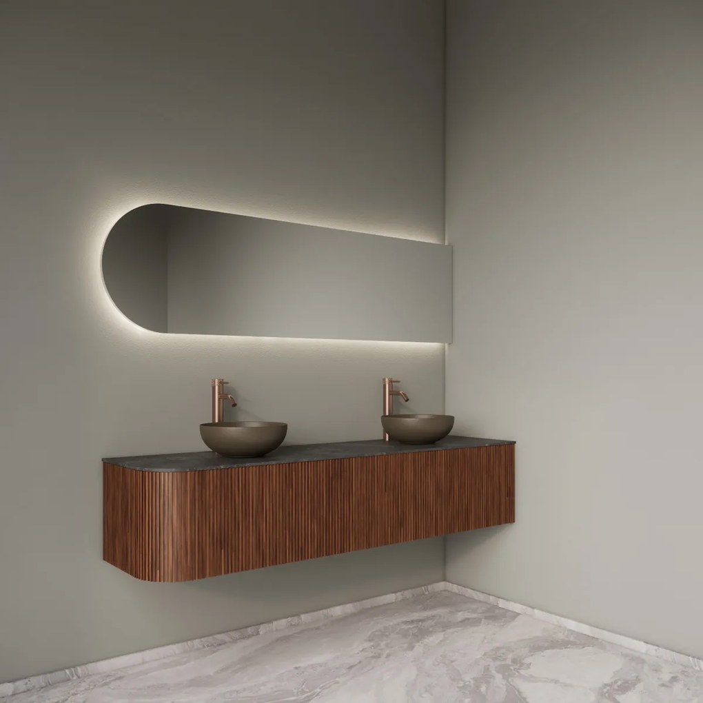 Gliss Design Alluro badmeubel ribbelfront met ronding links 180cm walnut en zwart leisteen toppaneel