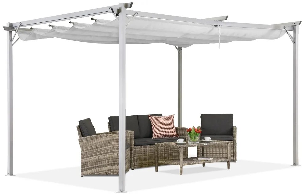 Witte La Palma terraspergola 3x4m met Garden Point gordijnen