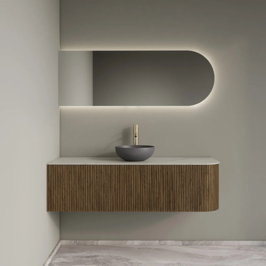 Gliss Design Alluro badmeubel ribbelfront met ronding rechts 140cm castle brown en wit marmer toppaneel