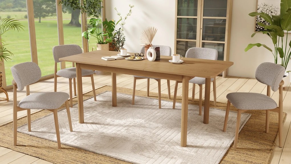ALDO Beige Latte (stof Monza 60)/gelakt eiken frame – HOUTEN BOUCLÉSTOEL VOOR WOONKAMER, EETKAMER, KEUKEN RETRO