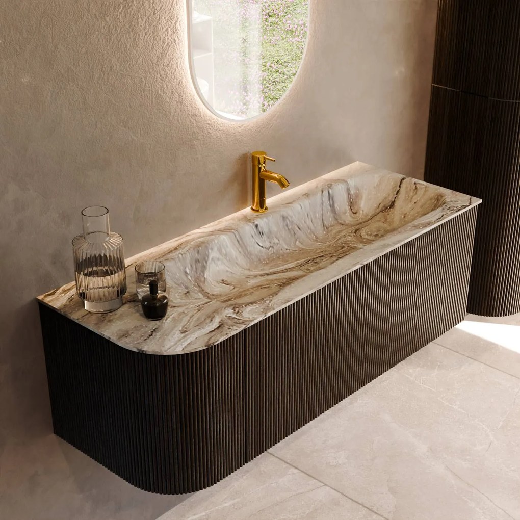 Mondiaz Kurve-dlux 125cm badmeubel ronding links shadow met 1 lade en deur en wastafel big medium kraangat rechts glace