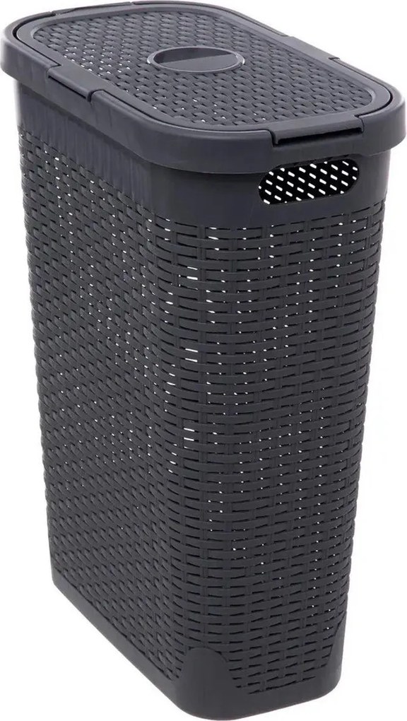 5Five Smalle Wasmand - Met deksel 40L - Donkergrijs rotan look - Kunststof