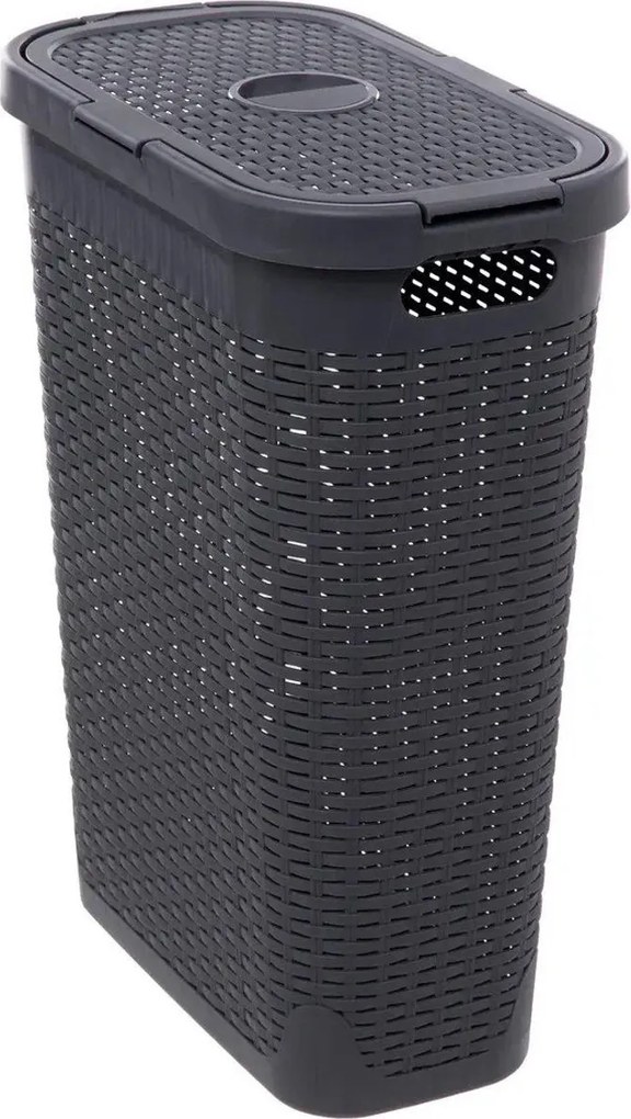 5Five Smalle Wasmand met Deksel– Donkergrijs – Rotan Gevlochten Kunststof – 40 L – Praktisch&amp;Stijlvol