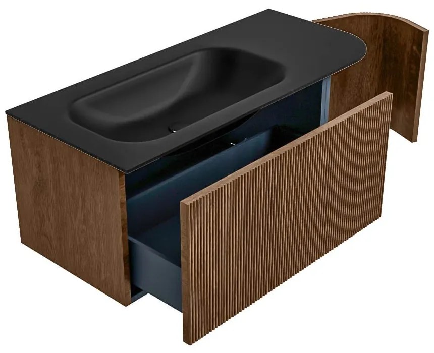Mondiaz Kurve 105cm badmeubel ronding rechts walnut met 1 lade en deur en wastafel big small links zonder kraangat urban