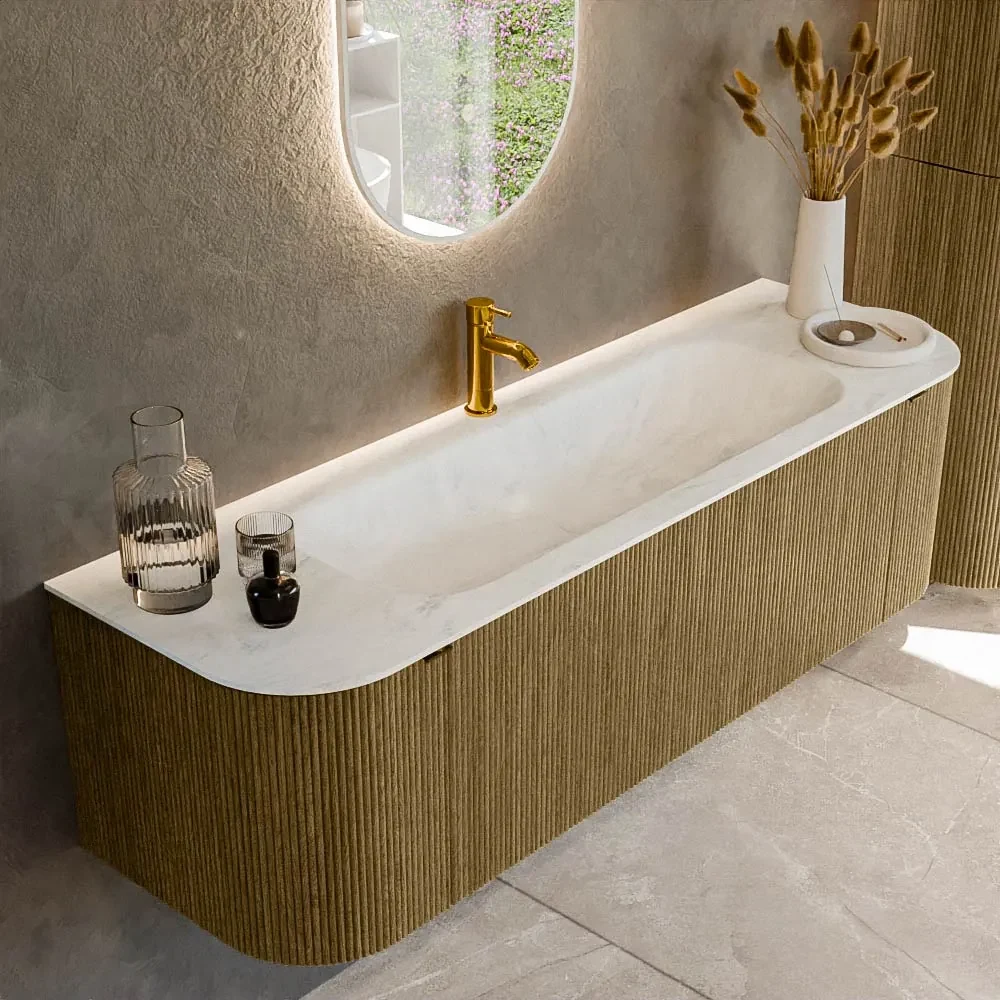 Mondiaz Kurve-dlux 150cm badmeubel ronding links/rechts dusk met 1 lade en 2 deuren en wastafel big medium midden 1 kraangat opalo