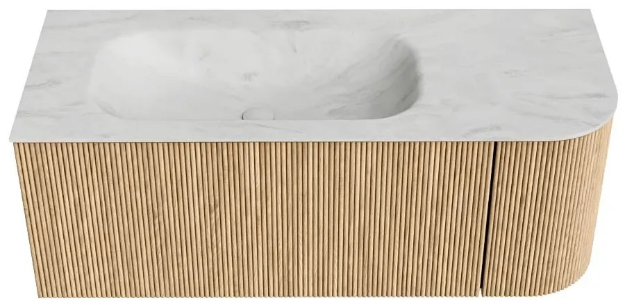Mondiaz Kurve-dlux 115cm badmeubel ronding rechts oak met 1 lade en deur en wastafel big small kraangat links opalo