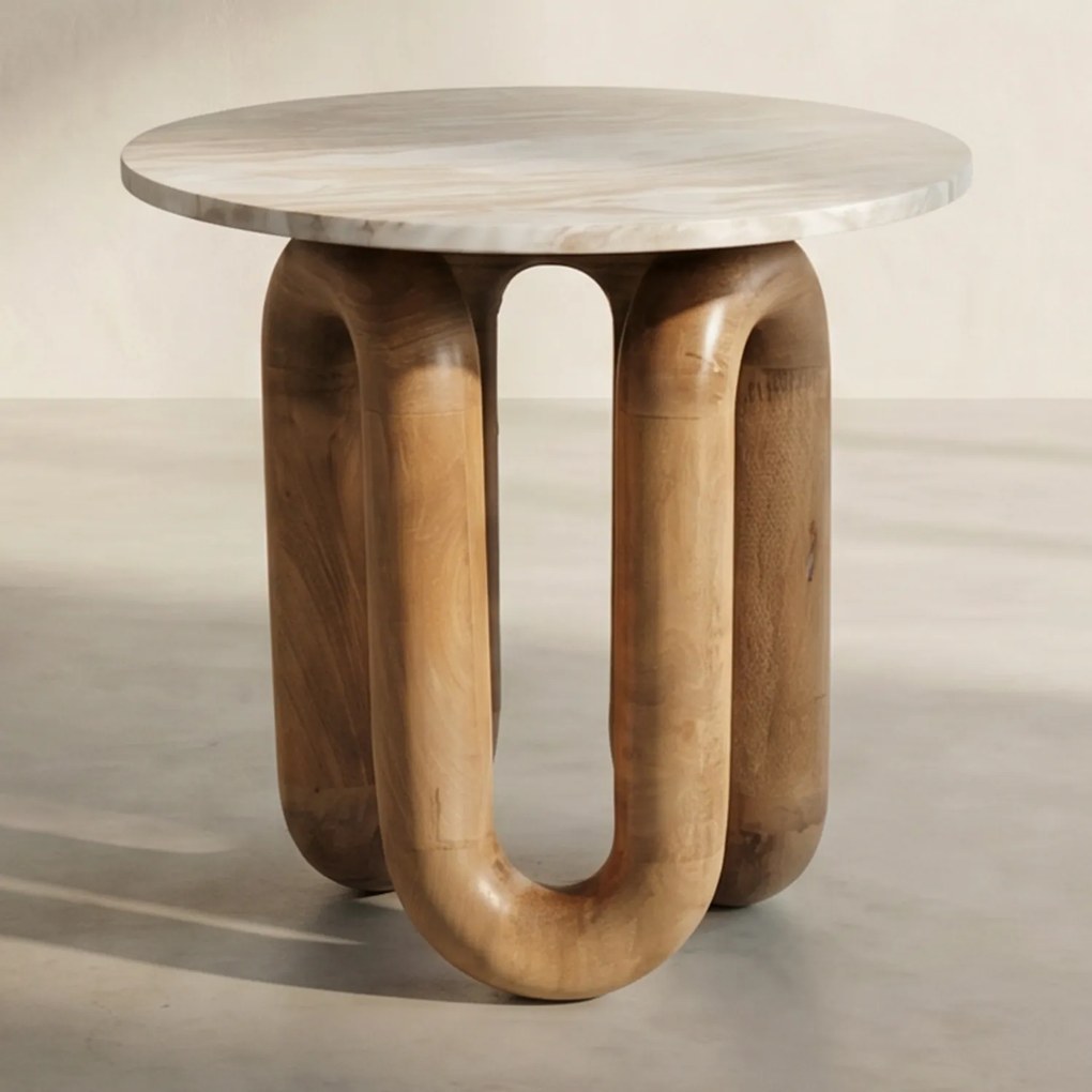 Marmere Bijzettafel Met Hout - 52 X 52cm.