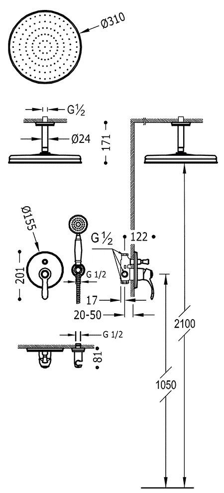 Tres Clasic inbouw regendouche 31cm met handdouche plafondmontage mat verouderd messing