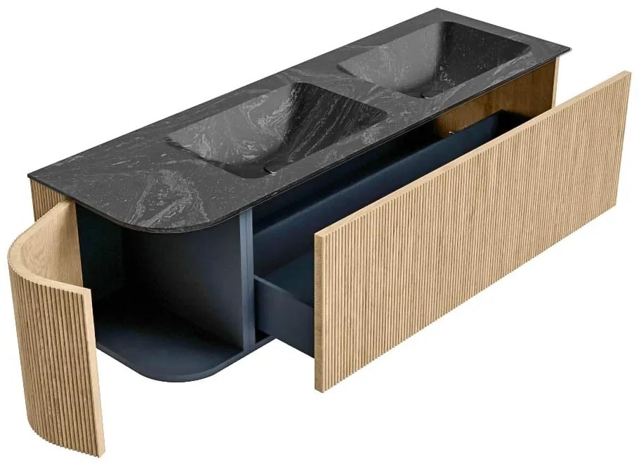 Mondiaz Kurve-dlux 145cm badmeubel ronding links oak met 1 lade en deur en wastafel leaf dubbel/rechts zonder kraangat lava