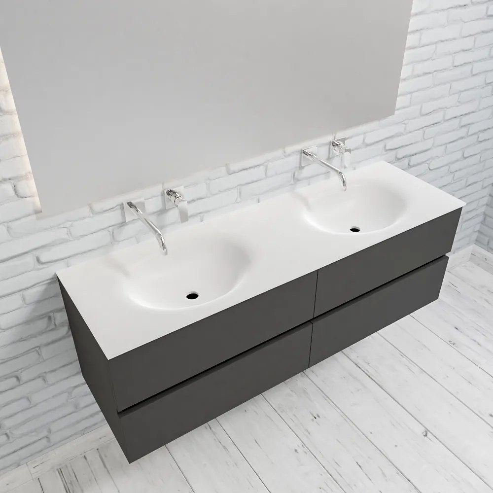 Zaro Sevilla Solid Surface badmeubel 150cm mat antraciet zonder kraangat dubbele spoelbak 4 lades