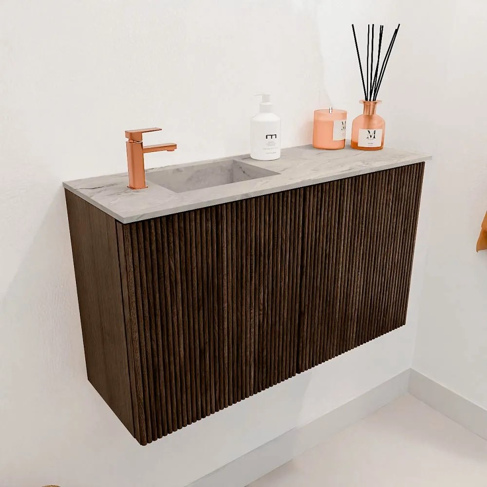 Mondiaz Joya DLux 70cm toiletmeubel walnut met wastafel faye links 1 kraangat glace