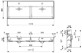 Plieger Kansas wastafel dubbel met 2 kraangaten met overloop 120x46.6cm glans wit