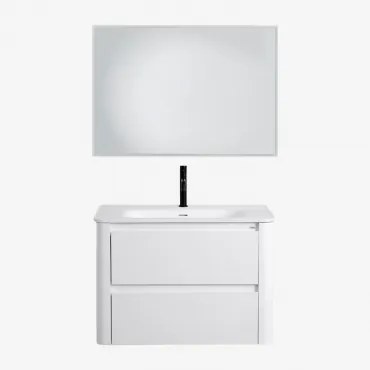 Egerton Zwevend Houten Badkamermeubelset Met Geïntegreerde Wastafel Wit & Rechthoekige Led En Anticondens 100x70 Cm Riben & Mat Zwart - Sklum