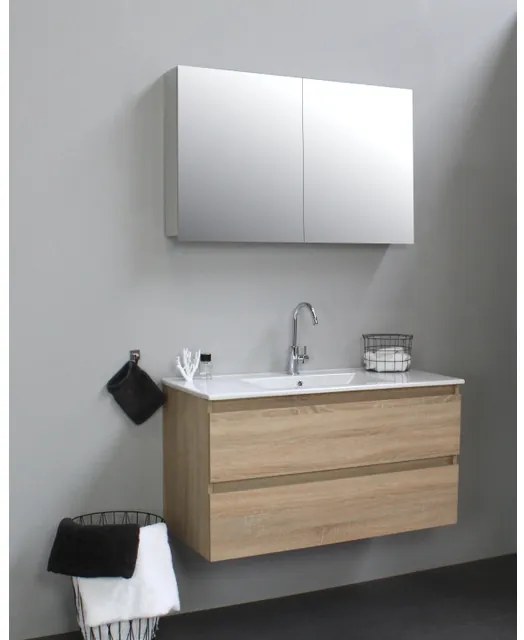 Basic Line Bella Badkamermeubelset - 100x55x46cm - 1 wasbak - Keramiek - Wit - 1 kraangat - Spiegelkast zonder verlichting - MDF Eiken SWGA100EIP1SPK