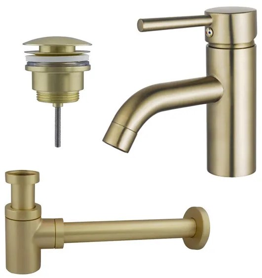 Fortifura Calvi Wastafelkraanset - lage wastafelkraan - klikwaste plug - verlaagde design sifon - Geborsteld Messing PVD (Goud) SW720547/SW696202/SW696218