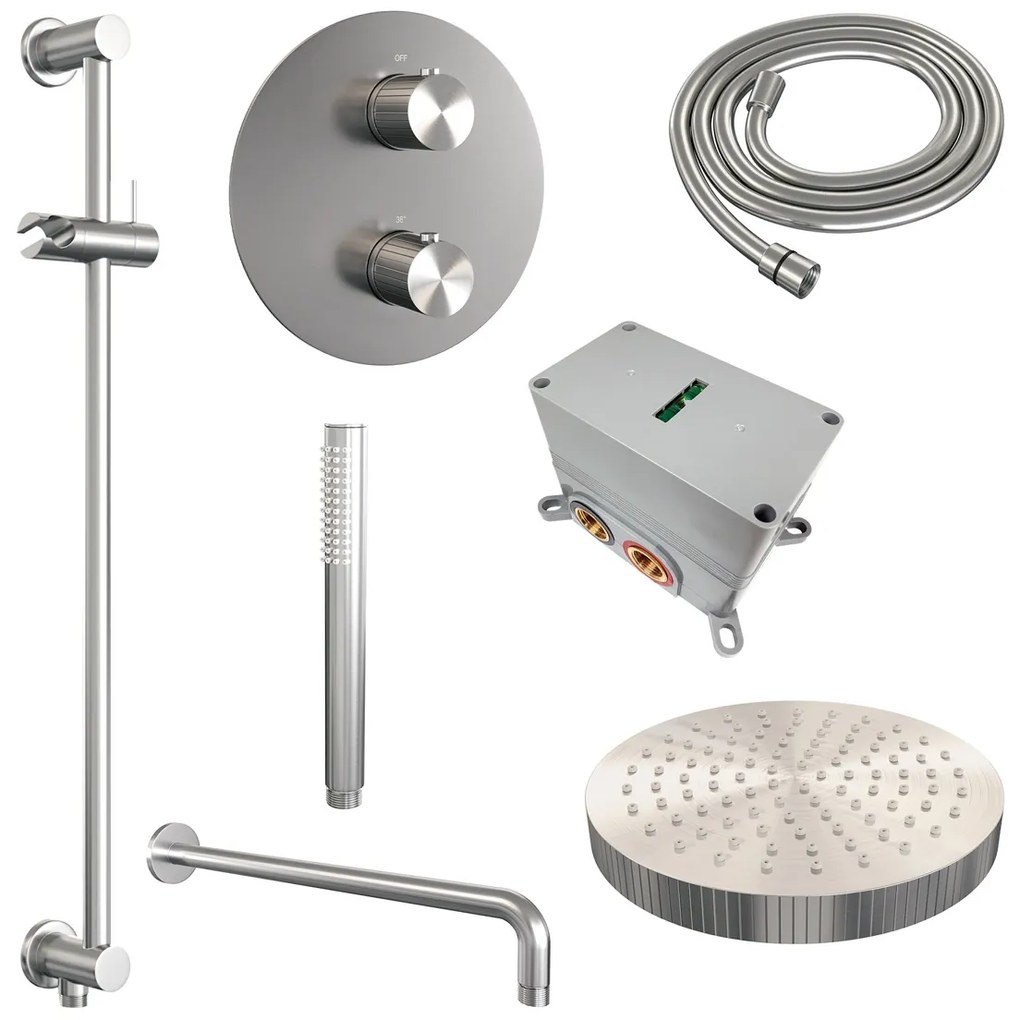 Brauer Stripe inbouw regendouche rond met 25cm hoofddouche, rond met gebogen muurarm, glijstang en staafhanddouche set 44 RVS geborsteld PVD