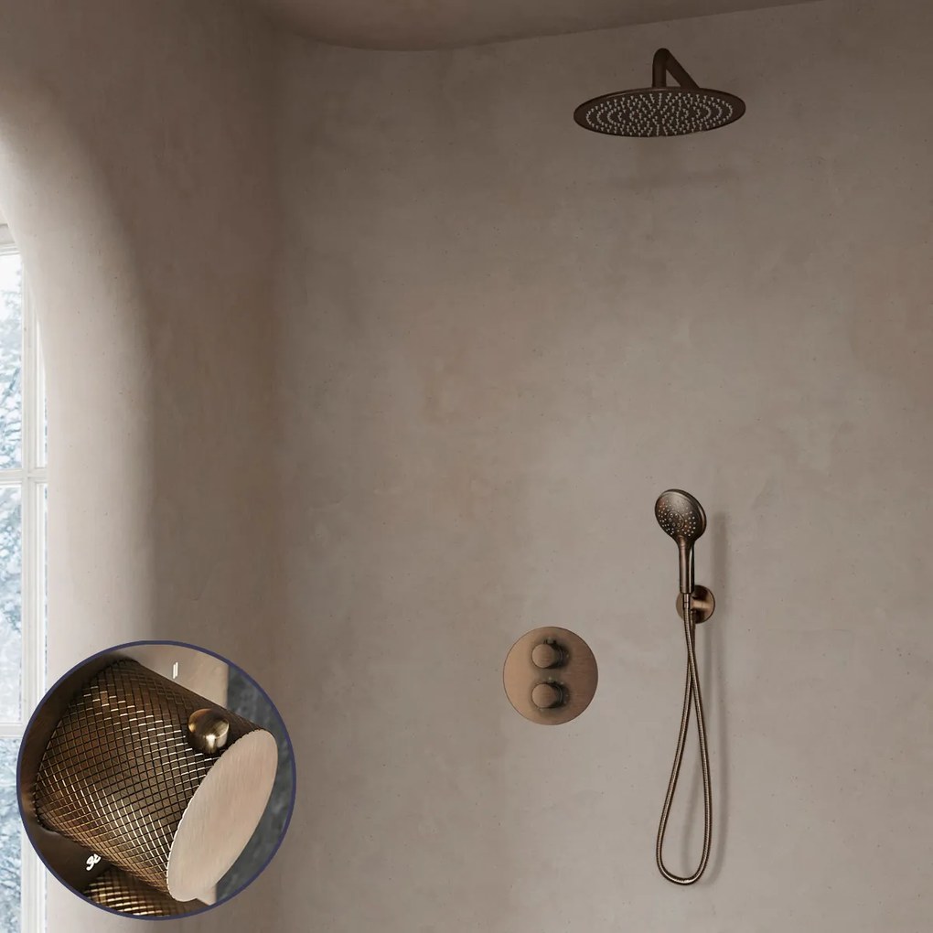 Saniclear Antique Curved inbouw regendouche rond met 30cm hoofddouche, muurarm en 2 standen handdouche verouderd messing