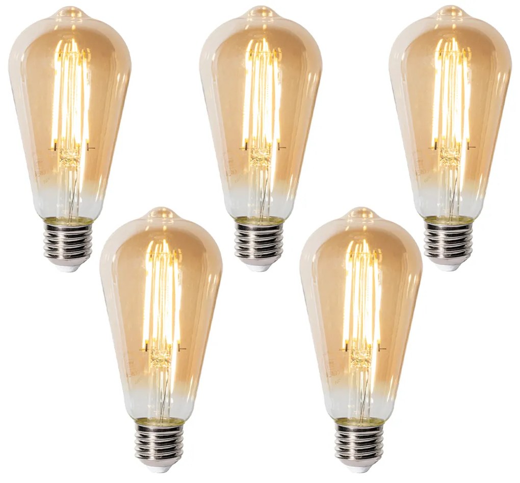 Set van 5 E27 3-staps dimabaar LED lamp ST64 goud 6W 700 lm 2700K