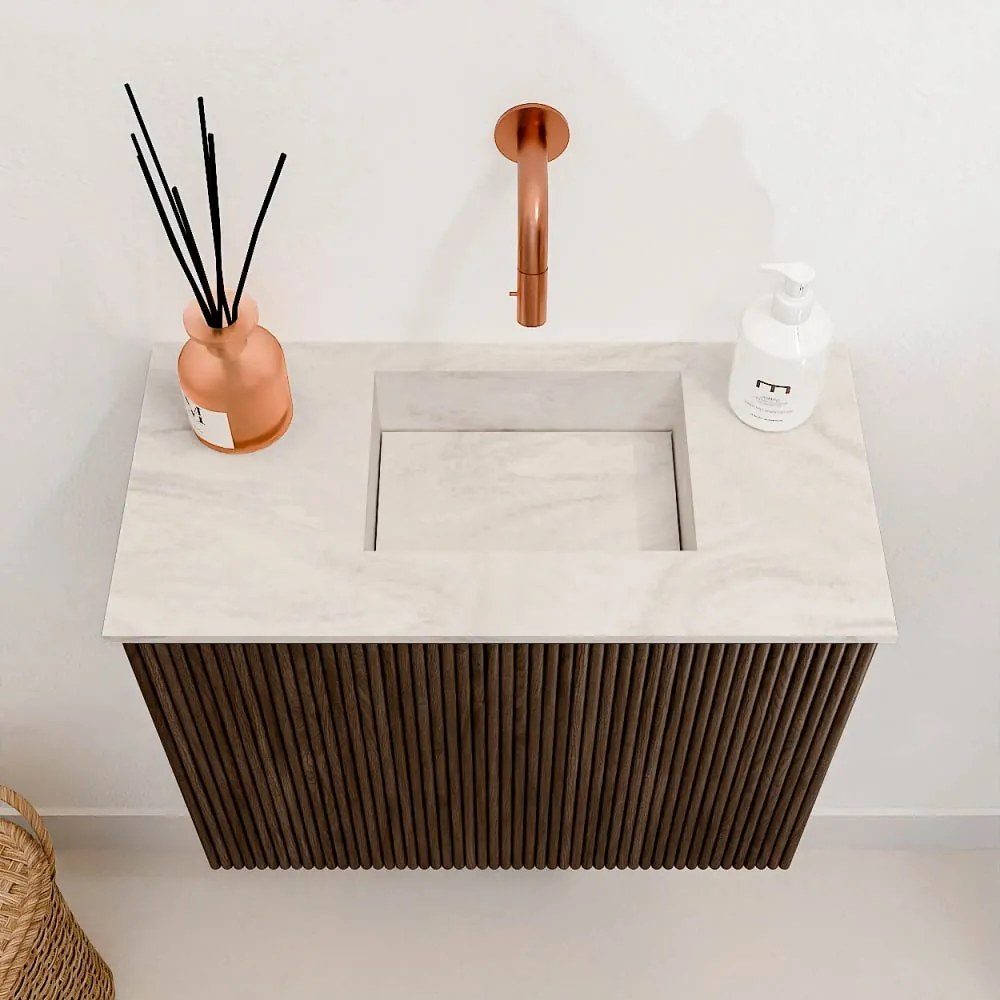 Mondiaz Joya DLux 50cm toiletmeubel walnut met wastafel faye rechts zonder kraangat ostra