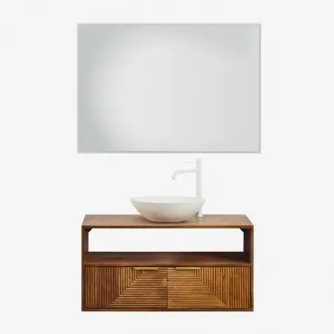 Baty Mangohouten Badkamermeubelset Mangohout & Rond Cement Wit Ø40 Cm Zavion & Rechthoekige Led En Anticondens 100x70 Cm Riben & Wit - Sklum