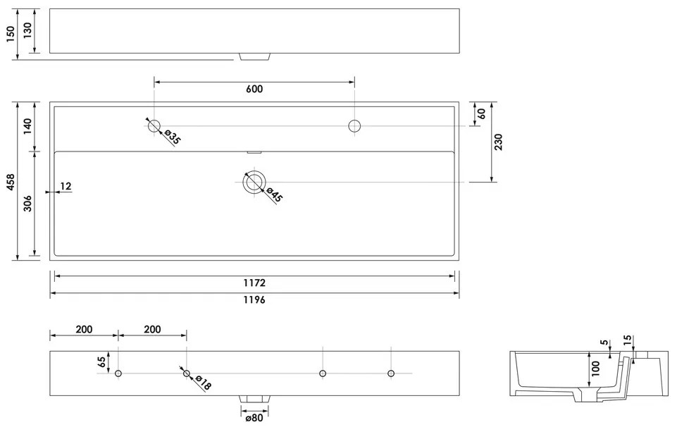 Brauer Gravity enkele wastafel mineraalmarmer 120cm met 2 kraangaten wit glans