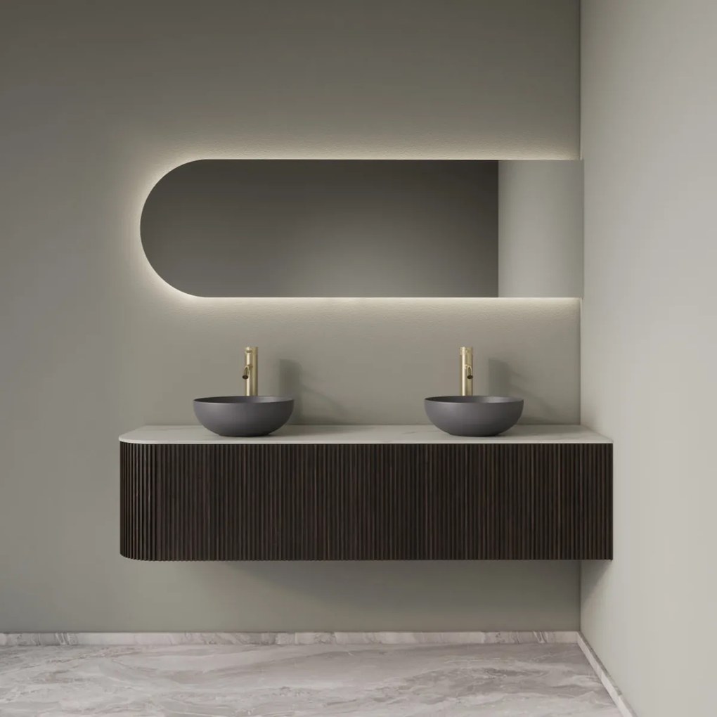 Gliss Design Alluro badmeubel ribbelfront met ronding links 160cm ebony en wit marmer toppaneel