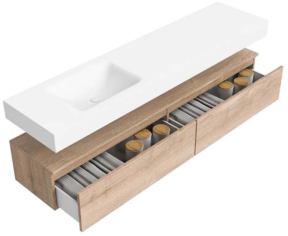Zaro Alan badmeubel 190cm washed oak 2 lades met vrijhangende wastafel cloud links 1 kraangat talc
