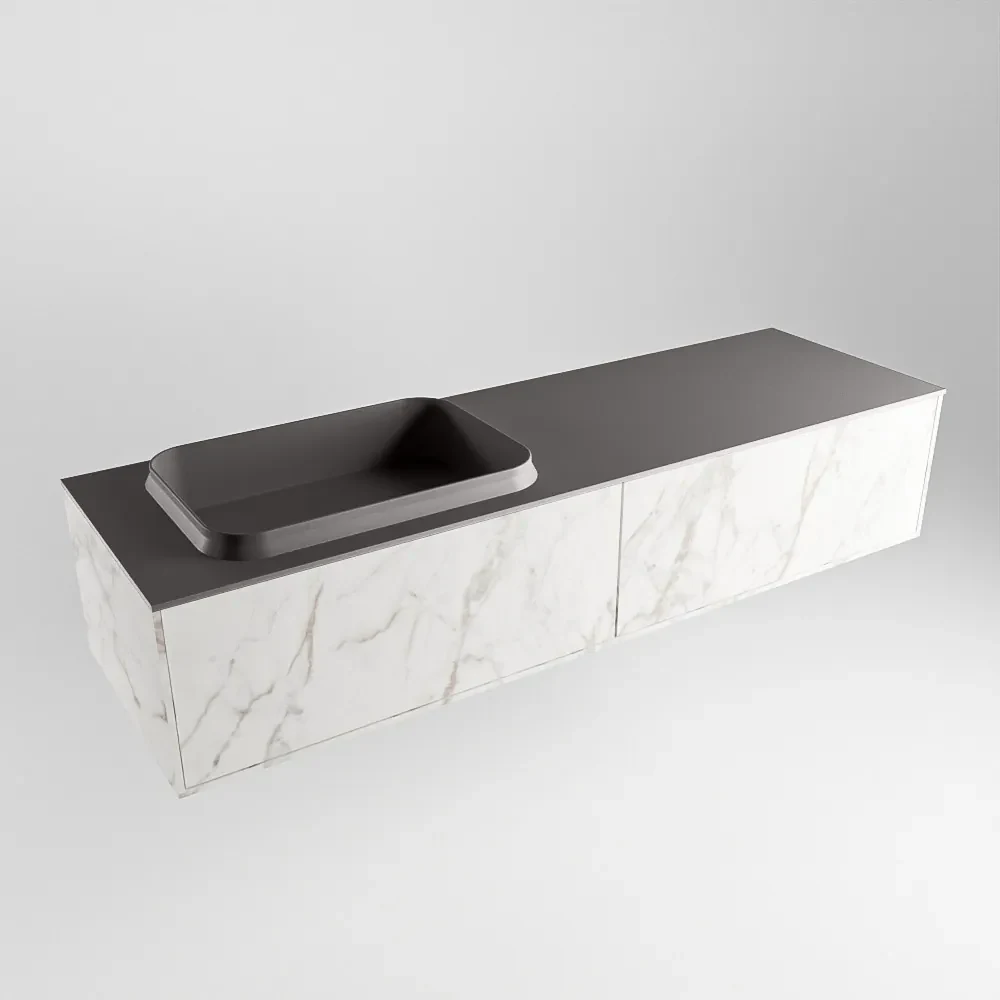 Mondiaz Erin 150cm badmeubel Carrara met 2 lades en donkergrijze wastafel links zonder kraangaten