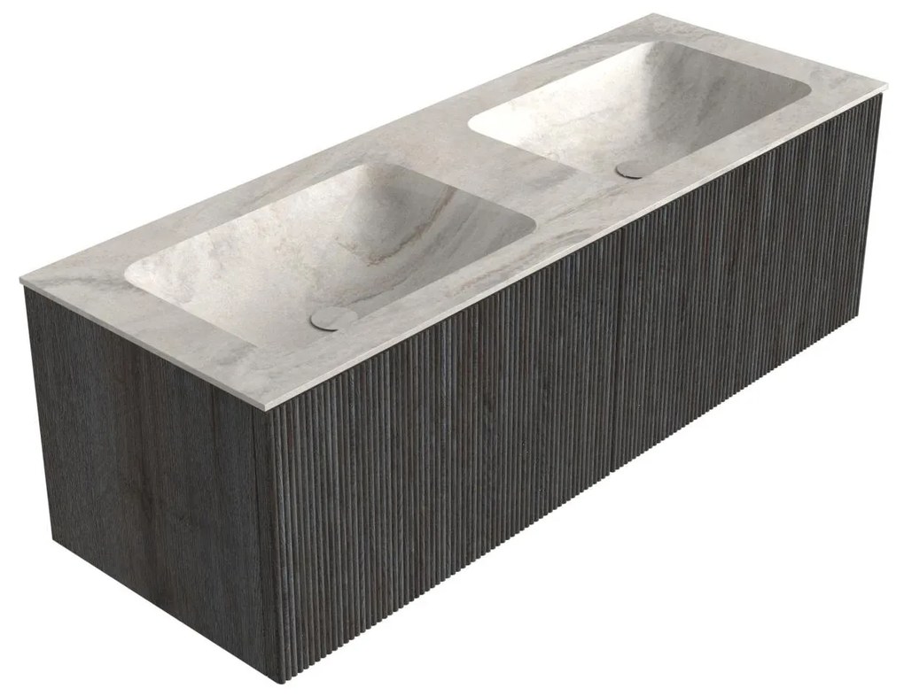 Mondiaz Kurve-dlux 130cm badmeubel shadow met 2 lades en wastafel leaf dubbel zonder kraangat ostra